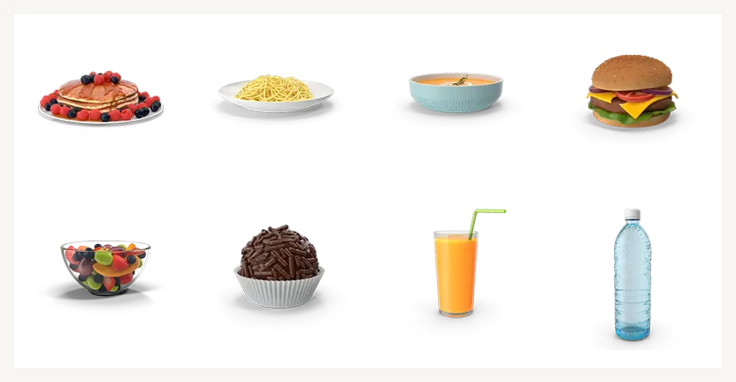 Cartões de comidas: café da manhã, almoço, jantar, lanche, fruta, doce, suco e água